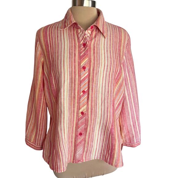 Coldwater Creek 100% Linen Striped Button Up Top Roll Tab Sleeve Sz LARGE Casual - Picture 1 of 8